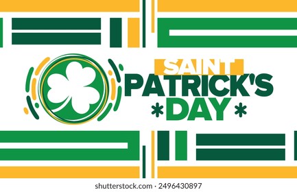 Saint Patrick's Day. Traditional irish happy holiday. Celebrate annual in March 17. Clover and shamrock leaves. Green and orange party design. Ireland color. Poster, card, banner, background. Vector