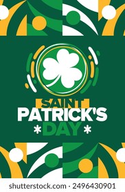 Saint Patrick's Day. Traditional irish happy holiday. Celebrate annual in March 17. Clover and shamrock leaves. Green and orange party design. Ireland color. Poster, card, banner, background. Vector