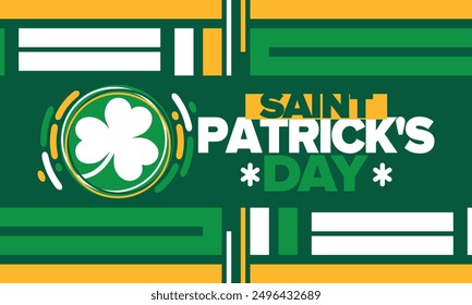Saint Patrick's Day. Traditional irish happy holiday. Celebrate annual in March 17. Clover and shamrock leaves. Green and orange party design. Ireland color. Poster, card, banner, background. Vector
