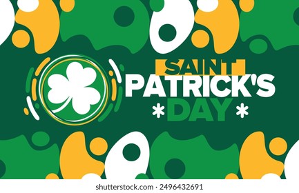 Saint Patrick's Day. Traditional irish happy holiday. Celebrate annual in March 17. Clover and shamrock leaves. Green and orange party design. Ireland color. Poster, card, banner, background. Vector