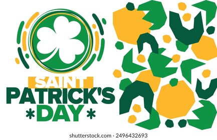 Saint Patrick's Day. Traditional irish happy holiday. Celebrate annual in March 17. Clover and shamrock leaves. Green and orange party design. Ireland color. Poster, card, banner, background. Vector