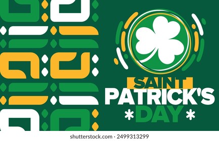 Saint Patrick's Day. Traditional irish happy holiday. Celebrate annual in March 17. Clover and shamrock leaves. Green and orange party design. Ireland color. Poster, card, banner, background. Vector