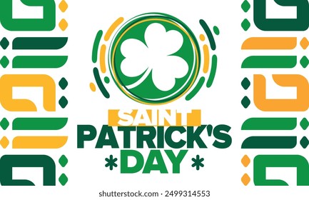 Saint Patrick's Day. Traditional irish happy holiday. Celebrate annual in March 17. Clover and shamrock leaves. Green and orange party design. Ireland color. Poster, card, banner, background. Vector