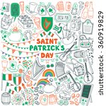 Saint Patrick's Day traditional symbols collection. Irish music, flags, beer mugs,  clover, pub decoration, rainbow, leprechaun hat, pot of gold coins. Vector illustration isolated on white background