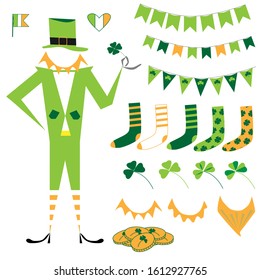 Saint Patrick's Day traditional symbols collection isolated on white background. Saint Patrick's leprechaun, flags, socks, clover, pub decoration, gold coins.