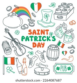 Saint Patrick's Day traditional symbols set. Irish music instruments, dance shoes, beer, clover, rainbow, leprechaun hat, pot of gold coins. Outline stroke is not expanded, stroke weight is editable