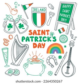 Saint Patrick's Day traditional symbols set. Irish music, flag, beer, shamrock, rainbow, leprechaun hat, pot of gold coins. Outline stroke is not expanded, stroke weight is editable