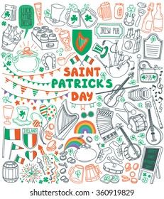 Saint Patrick's Day traditional symbols collection. Irish music, flags, beer mugs,  clover, pub decoration, rainbow, leprechaun hat, pot of gold coins. Vector illustration isolated on white background