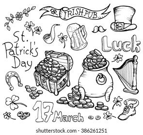 Saint Patrick's Day traditional symbols collection doodle. Irish beer mug, clover, pub decoration, leprechaun hat, pot of gold coins, horseshoe. Hand drawn vector illustration isolated background