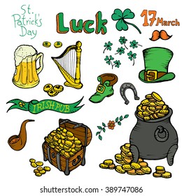Saint Patrick's Day traditional symbols collection doodle. Irish beer mug, clover, pub decoration, leprechaun hat, pot of gold coins, horseshoe. Hand drawn vector illustration isolated background