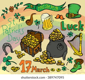 Saint Patrick's Day traditional symbols collection doodle. Irish beer mug, clover, pub decoration, leprechaun hat, pot of gold coins, horseshoe. Hand drawn vector illustration isolated background