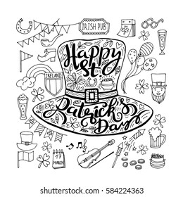 Saint Patrick's Day traditional symbols collection. Irish music, flags, beer mugs, clover, pub decoration, rainbow, leprechaun hat, pot of gold coins. Vector illustration isolated on white background