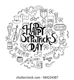 Saint Patrick's Day traditional symbols collection. Irish music, flags, beer mugs, clover, pub decoration, rainbow, leprechaun hat, pot of gold coins. Vector illustration isolated on white background
