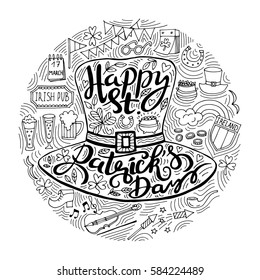 Saint Patrick's Day traditional symbols collection. Irish music, flags, beer mugs, clover, pub decoration, rainbow, leprechaun hat, pot of gold coins. Vector illustration isolated on white background