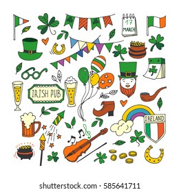 Saint Patrick's Day traditional symbols collection. Irish music, flags, beer mugs, clover, pub decoration, rainbow, leprechaun hat, pot of gold coins. Vector illustration isolated on white background