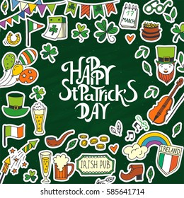 Saint Patrick's Day traditional symbols collection. Irish music, flags, beer mugs, clover, pub decoration, rainbow, leprechaun hat, pot of gold coins. Vector illustration isolated on white background