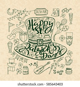 Saint Patrick's Day traditional symbols collection. Irish music, flags, beer mugs, clover, pub decoration, rainbow, leprechaun hat, pot of gold coins. Vector illustration isolated on white background