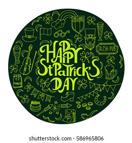Saint Patrick's Day traditional symbols collection. Irish music, flags, beer mugs, clover, pub decoration, rainbow, leprechaun hat, pot of gold coins. Vector illustration isolated on white background