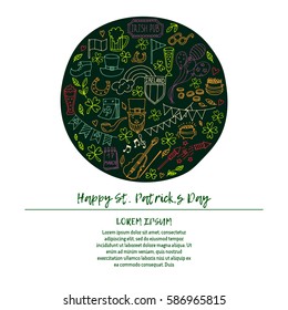 Saint Patrick's Day traditional symbols collection. Irish music, flags, beer mugs, clover, pub decoration, rainbow, leprechaun hat, pot of gold coins. Vector illustration isolated on white background