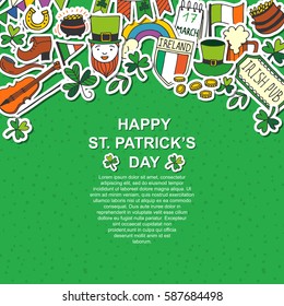 Saint Patrick's Day Traditional Symbols Collection. Irish Music, Flags, Beer Mugs, Clover, Pub Decoration, Rainbow, Leprechaun Hat, Pot Of Gold Coins. Vector Illustration Isolated On White Background