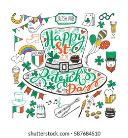 Saint Patrick's Day traditional symbols collection. Irish music, flags, beer mugs, clover, pub decoration, rainbow, leprechaun hat, pot of gold coins. Vector illustration isolated on white background