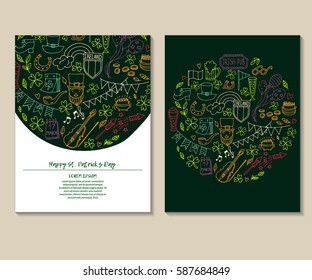 Saint Patrick's Day Traditional Symbols Collection. Irish Music, Flags, Beer Mugs, Clover, Pub Decoration, Rainbow, Leprechaun Hat, Pot Of Gold Coins. Vector Illustration Isolated On White Background