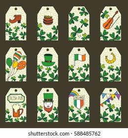 Saint Patrick's Day traditional symbols collection. Irish music, flags, beer mugs, clover, pub decoration, rainbow, leprechaun hat, pot of gold coins. Set of greeting and invitation cards.