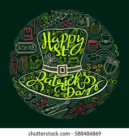 Saint Patrick's Day traditional symbols collection. Irish music, flags, beer mugs, clover, pub decoration, rainbow, leprechaun hat, pot of gold coins. Vector illustration isolated on white background