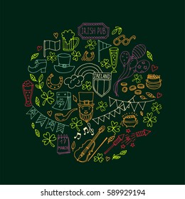 Saint Patrick's Day traditional symbols collection. Irish music, flags, beer mugs, clover, pub decoration, rainbow, leprechaun hat, pot of gold coins. Vector illustration isolated on white background