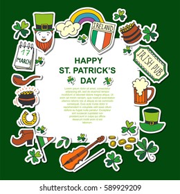 Saint Patrick's Day traditional symbols collection. Irish music, flags, beer mugs, clover, pub decoration, rainbow, leprechaun hat, pot of gold coins. Vector illustration isolated on white background