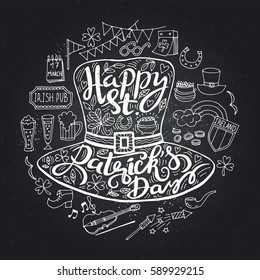 Saint Patrick's Day traditional symbols collection. Irish music, flags, beer mugs, clover, pub decoration, rainbow, leprechaun hat, pot of gold coins. Vector illustration isolated on white background