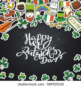 Saint Patrick's Day traditional symbols collection. Irish music, flags, beer mugs, clover, pub decoration, rainbow, leprechaun hat, pot of gold coins. Vector illustration isolated on white background