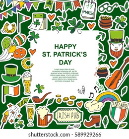 Saint Patrick's Day Traditional Symbols Collection. Irish Music, Flags, Beer Mugs, Clover, Pub Decoration, Rainbow, Leprechaun Hat, Pot Of Gold Coins. Vector Illustration Isolated On White Background