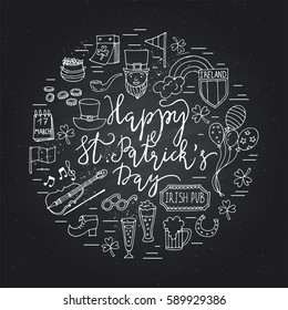 Saint Patrick's Day traditional symbols collection. Irish music, flags, beer mugs, clover, pub decoration, rainbow, leprechaun hat, pot of gold coins. Vector illustration isolated on white background