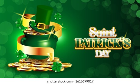 Saint Patrick's Day with Treasure of Leprechaun, Pot Full of Golden Coins,