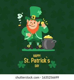 Saint Patricks day with treasure of leprechaun vector illustration. Pot full of golden coins, leprechaun in green hat and cloths, shamrock on blurred green background. Happy St Patricks day.