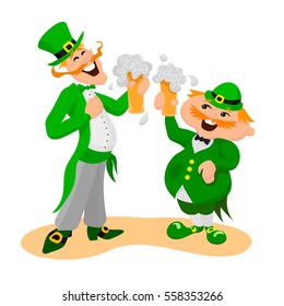 Saint Patrick's day. Two happy Englishmen with glasses of beer. Vector illustration on white background.