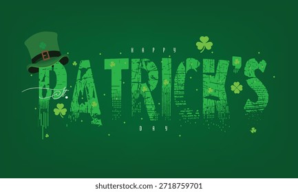 Fondo de saludo tipográfico del día de San Patricio. Feliz diseño de letras del día de San Patricio con hojas de trébol y sombrero de trébol, texto de letras de mano San 17 de marzo.eps
