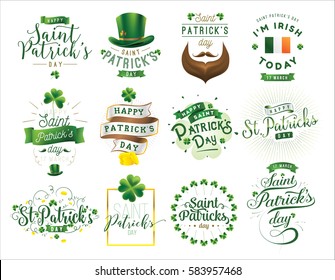 Saint Patricks day typography set. 17 March. Vector background, text design. Usable for banners, greeting cards, flyers and posters. Colorful logos