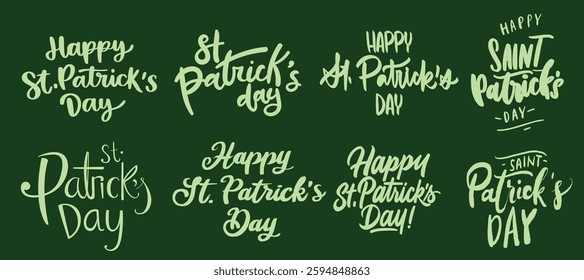 Saint Patrick's Day typography vector set featuring festive calligraphy, Celtic fonts, lucky clovers, leprechaun hats, Irish shamrocks, beer mugs, and gold coins. Perfect for greeting cards, banners,