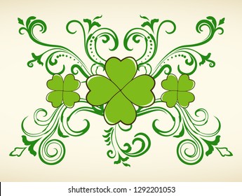 Saint Patrick's Day vector background with ornate swirls and green clover shamrock leaves. Irish festival celebration greeting card design backdrop.