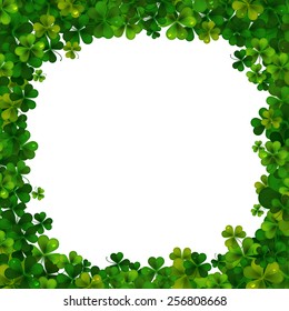 Saint Patricks Day vector background, frame with realistic shamrock leaves