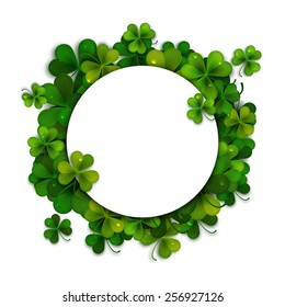 Saint Patricks Day vector background, frame with realistic shamrock leaves