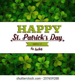 Saint Patricks Day vector background, frame with realistic shamrock leaves