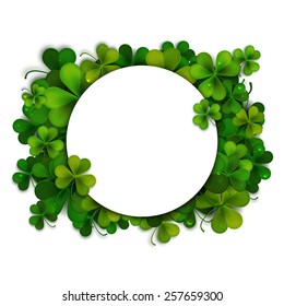 Saint Patricks Day vector background, frame with realistic shamrock leaves