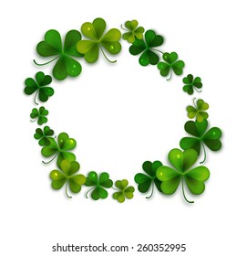 Saint Patricks Day vector background, frame with realistic shamrock leaves, greeting card