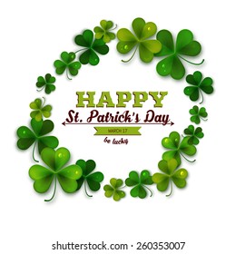 Saint Patricks Day vector background, frame with realistic shamrock leaves, greeting card