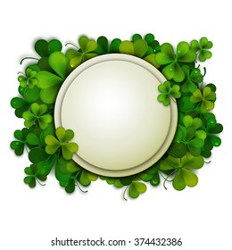 Saint Patrick's Day vector background, round banner decorated with shamrock leaves