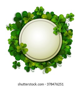 Saint Patrick's Day vector background, round banner decorated with shamrock leaves