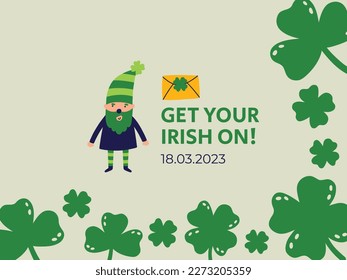 Saint Patrick's Day vector banner design concept leprechaun clover and typography. Flat design for print social media design